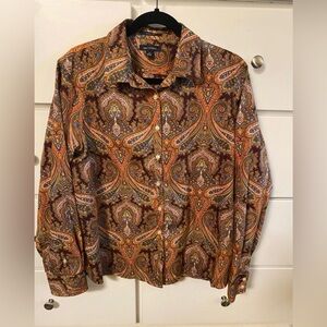 Lands' End Merlot Paisley Shirt Blouse No Iron Supima Cotton Womens Sz 14 NWOT